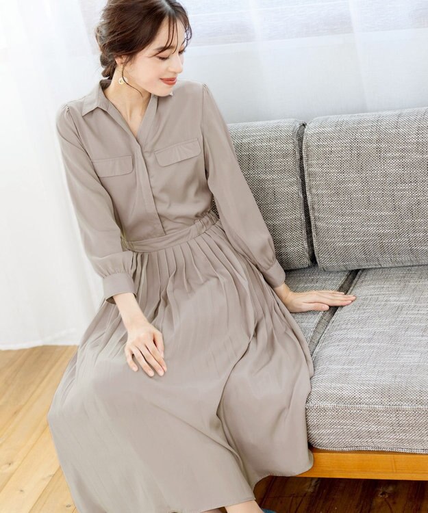 Tiaclasse L 【洗える】ヴィンテージサテンシャツワンピース グレージュ