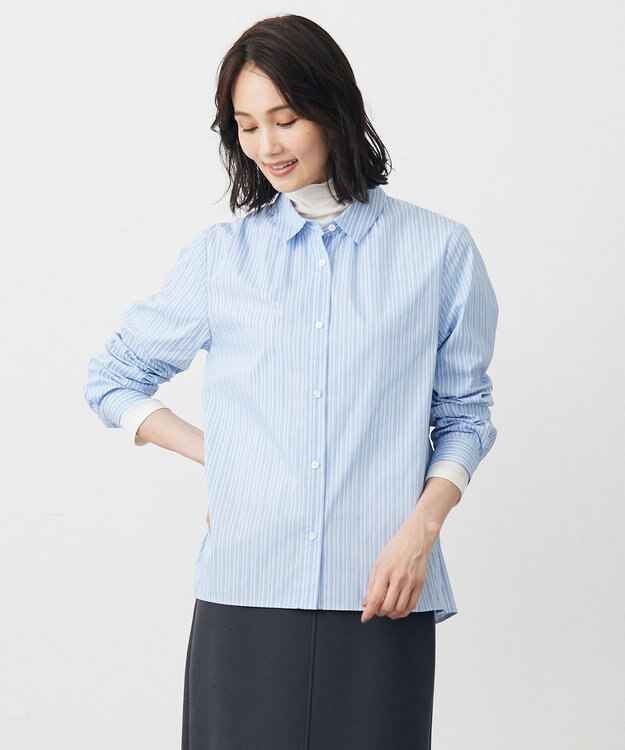 J.PRESS LADIES BEZ ドビーストライプ シャツカラー ブラウス サックス系