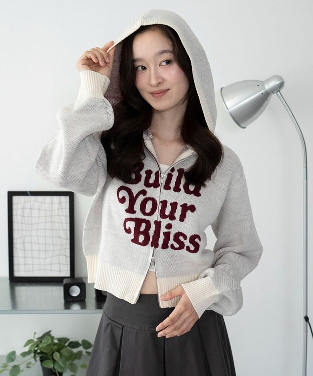 WEGO グラフィックジャガードニットZIPパーカー ホワイトアイボリー