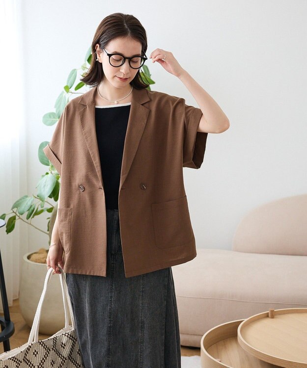 Green Parks 麻調合繊フレンチスリーブジャケット Brown