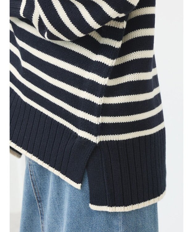 earth music&ecology ウォッシャブル脇スリットクルーネックプルオーバー Border Navy