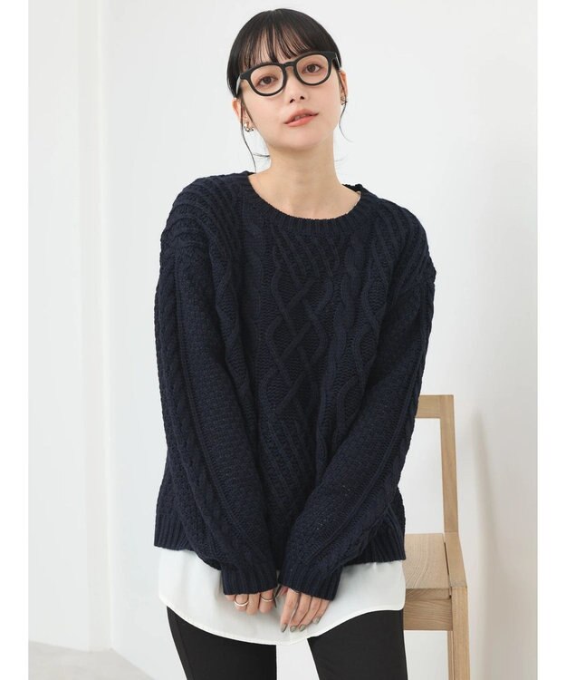 earth music&ecology ウォッシャブルケーブルプルオーバー Navy