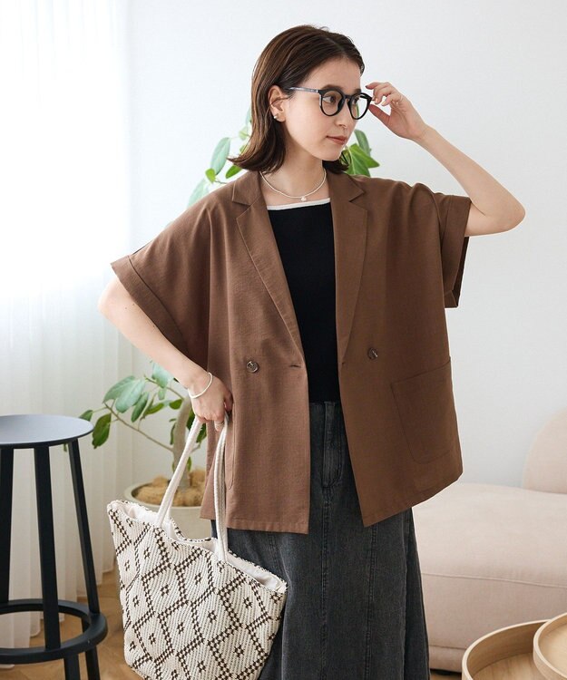 Green Parks 麻調合繊フレンチスリーブジャケット Brown