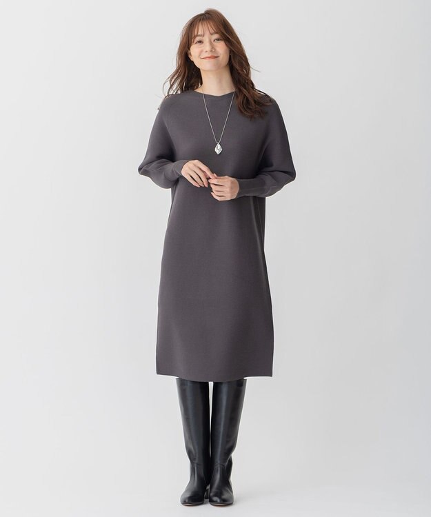 自由区 【洗える】コットンストレッチホールガーメント ニットワンピース グレー系