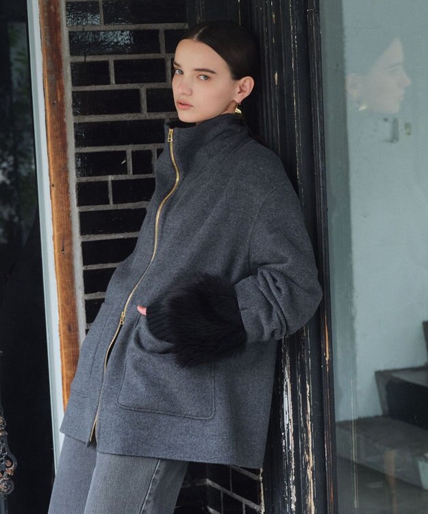 BEIGE， ZION / ウールスタンドカラーショートコート Charcoal