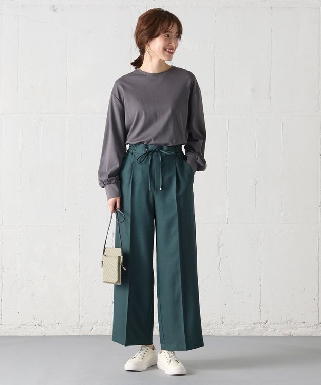 ANY 【洗濯機可能/セットアップ対応/ウエストゴム】イージィケア美脚ワイドパンツ グリーン