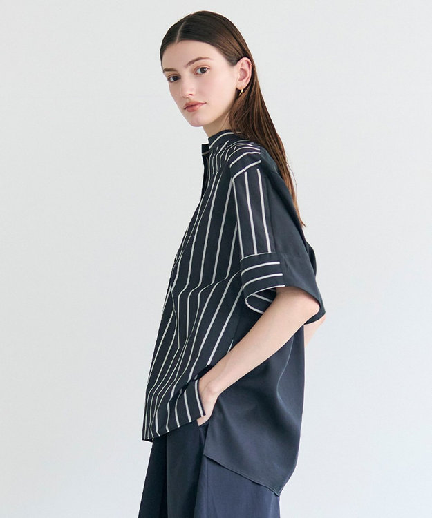 BEIGE， QUARTZ / 異素材コンビ ストライプシャツ Black St.