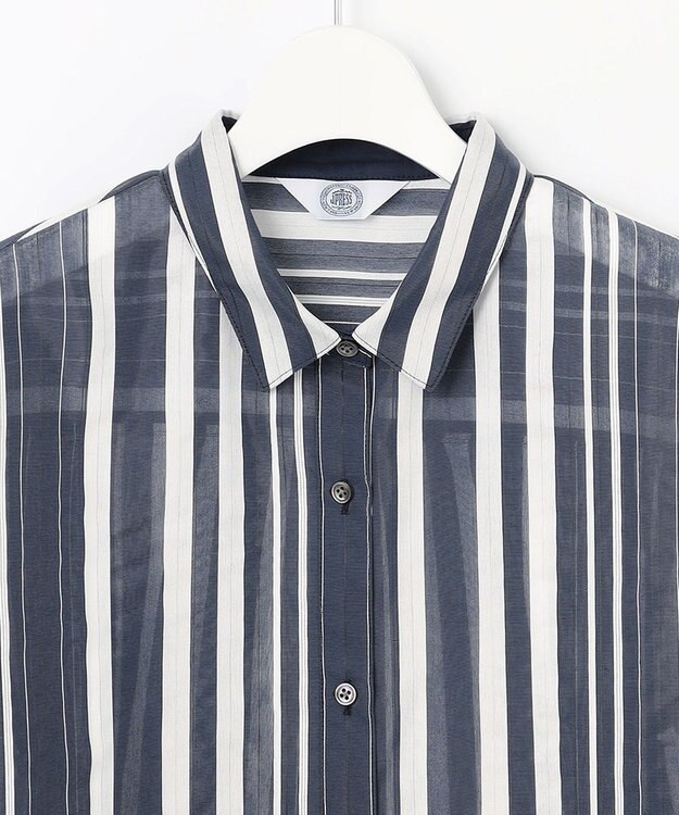 J.PRESS LADIES 【洗える】SHEER dobby ストライプ シャツカラー ブラウス ネイビー系1