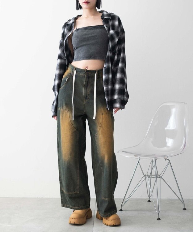 WEGO 【カップ付きインナー】ヴィンテージウォッシュカップインショートキャミ スミクロ