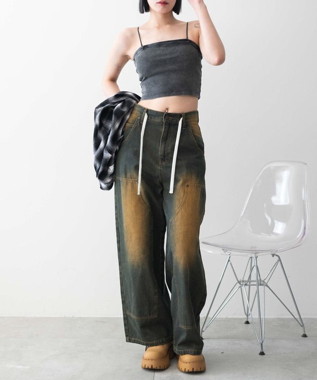 WEGO 【カップ付きインナー】ヴィンテージウォッシュカップインショートキャミ スミクロ