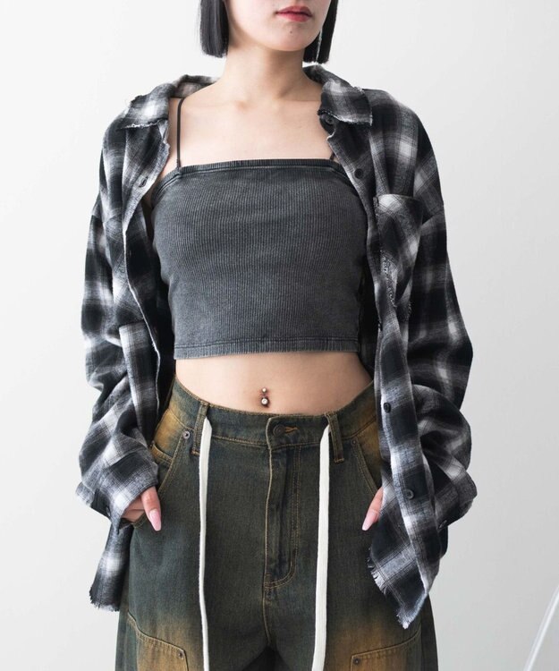 WEGO 【カップ付きインナー】ヴィンテージウォッシュカップインショートキャミ スミクロ