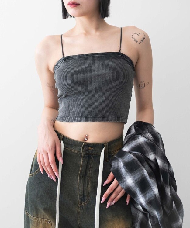 WEGO 【カップ付きインナー】ヴィンテージウォッシュカップインショートキャミ スミクロ