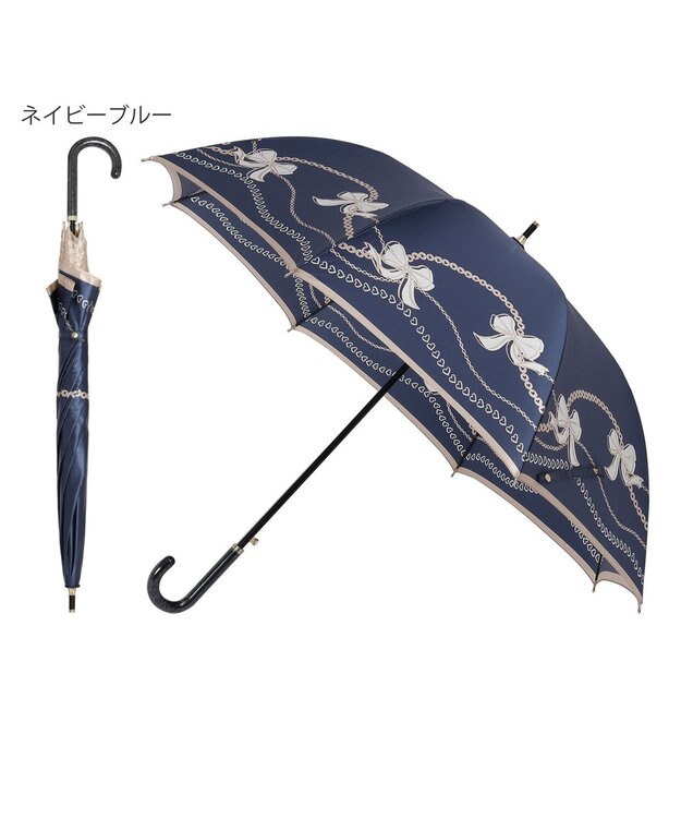 MOONBAT 【雨傘】ランバン オン ブルー (LANVIN en Bleu) リボン ハート ナイロンサテン 長傘 ネイビーブルー