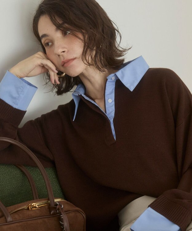 WEGO 【ANGIE VINTAGE】シャツ襟 ドッキング　フェイクレイヤード ニット トップス ブラウンその他