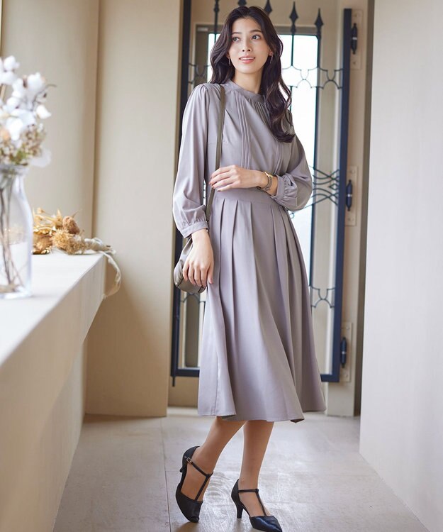 Tiaclasse 【洗える】ハイネックピンタックワンピース グレー