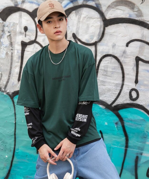 WEGO 【ユニセックス着用ITEM/2点SET】アクセ付きグラフィックアンサンブルT（LS） グリーン