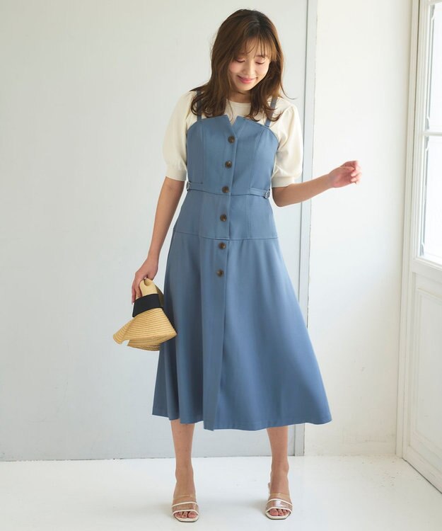 Feroux 【洗える】サイドベルト ジャンパースカート ネイビー系