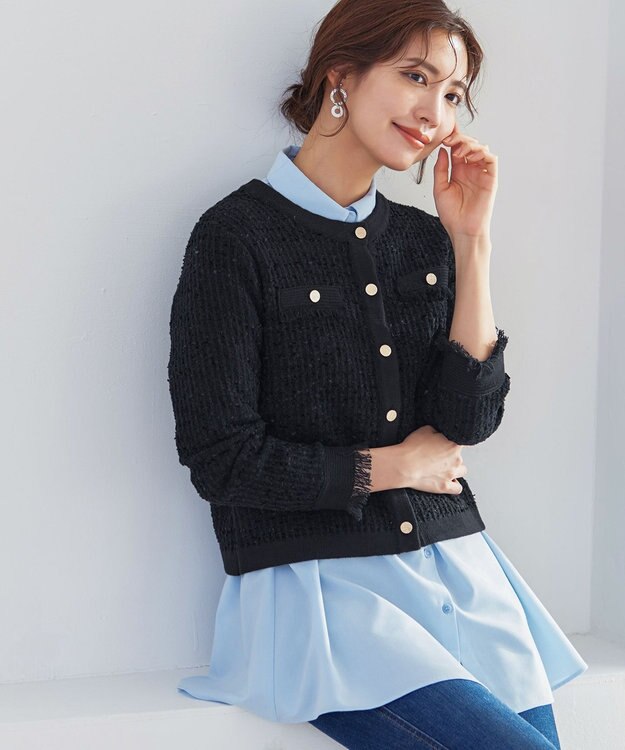 Tiaclasse 【洗える】ツイードニットカーディガン ブラック