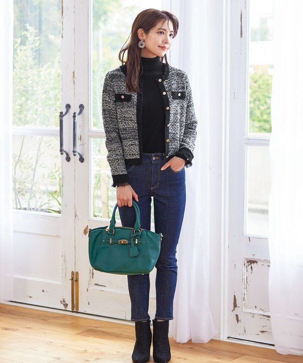 Tiaclasse 【洗える】ツイードニットカーディガン グレー