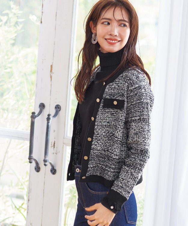 Tiaclasse 【洗える】ツイードニットカーディガン グレー