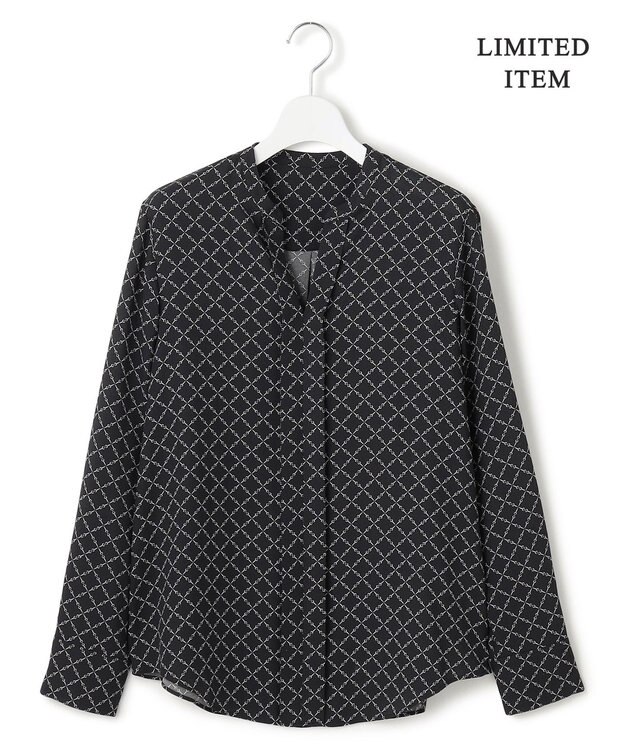 ICB L 【新色追加・WEB限定】BackSatinAmunzen キーネックブラウス ブラックベース×スクエアビット柄系