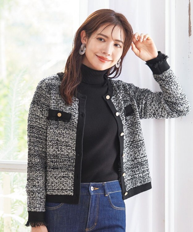 Tiaclasse 【洗える】ツイードニットカーディガン グレー