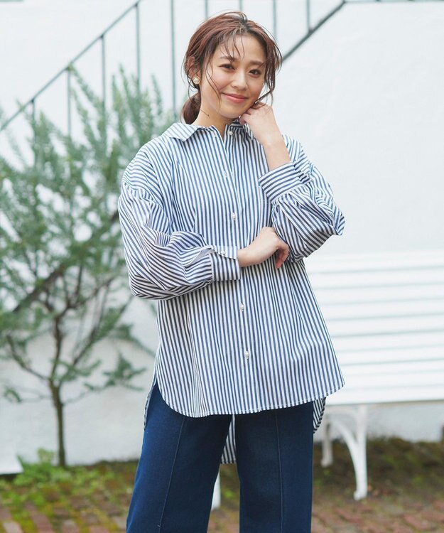 Feroux 【洗える】カラーストライプビッグ シャツ ブラック系1