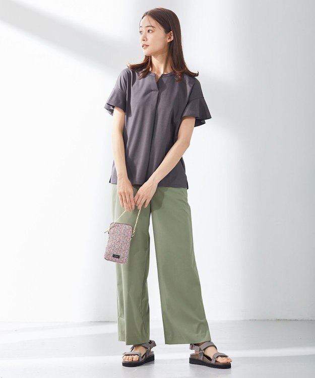 J.PRESS LADIES 【洗える】マイクロタイプライターストレッチ セミワイド パンツ スモーキーグリーン系