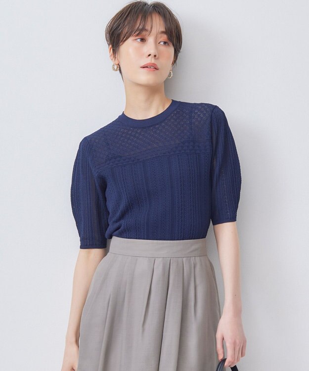 組曲 L 【WEB限定】編地切り替え 半袖ニット ネイビー系