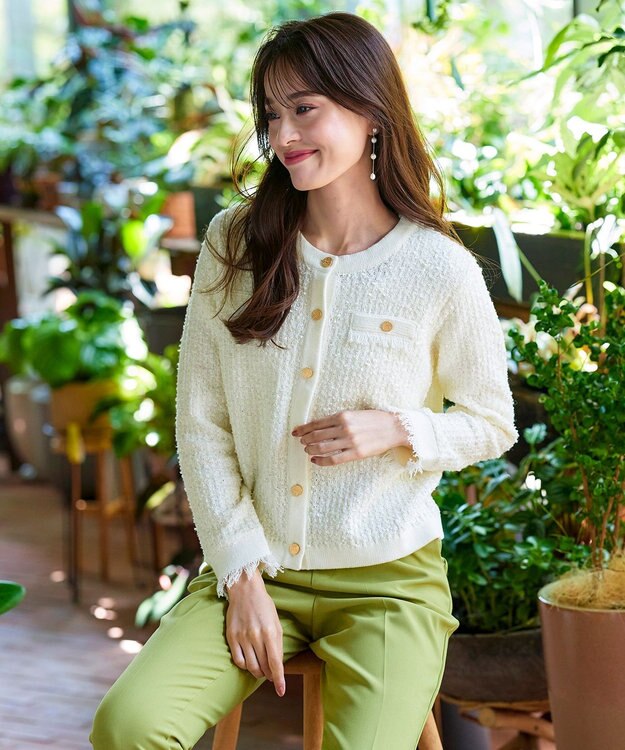 Tiaclasse 【洗える】ツイードニットカーディガン オフホワイト