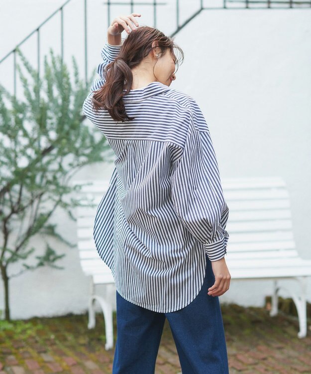 Feroux 【洗える】カラーストライプビッグ シャツ ブラック系1