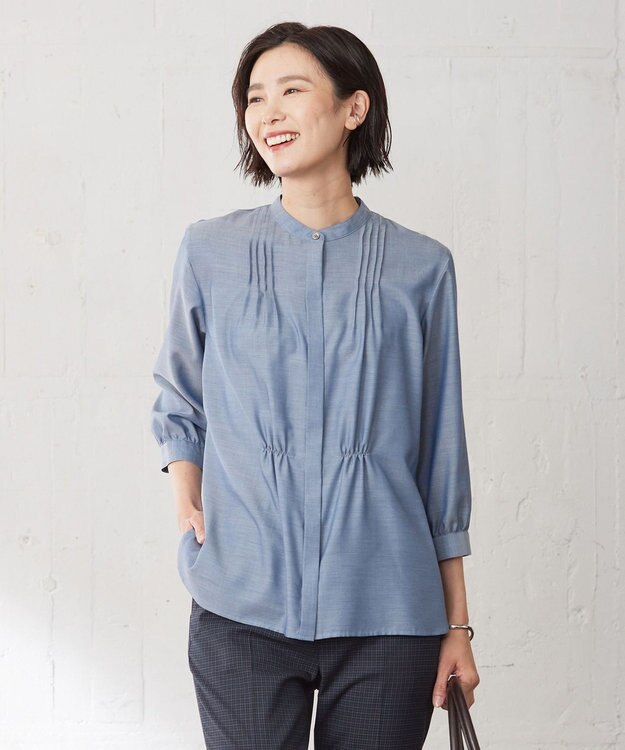 J.PRESS LADIES L 【洗える】ウォッシャブルキュプラツイル バンドカラー ブラウス ブルー系