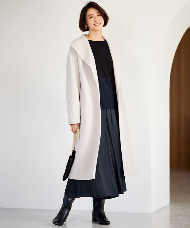 自由区 S 【洗える】セミウーステッドウールボートネック ニット ブラック×ダークネイビー