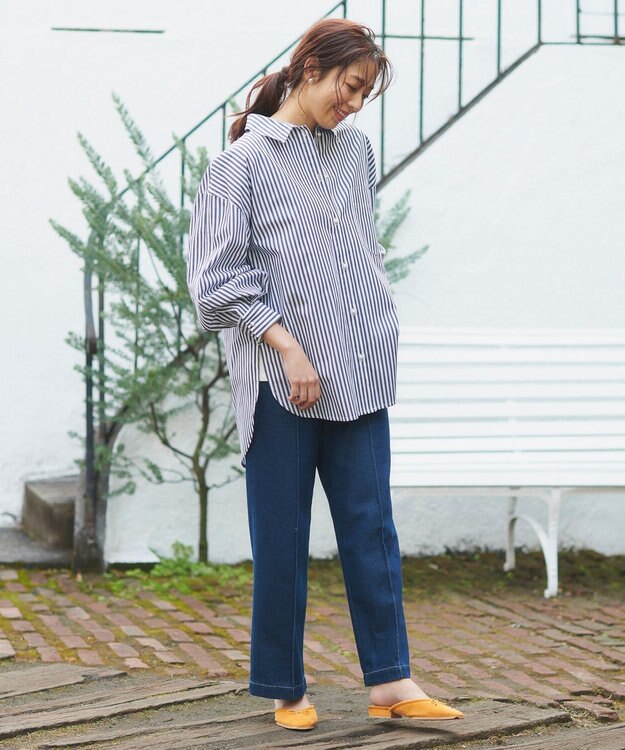 Feroux 【洗える】カラーストライプビッグ シャツ ブラック系1