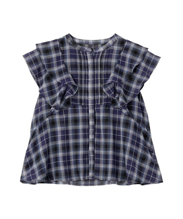 earth music&ecology チェックラッフルブラウス Navy