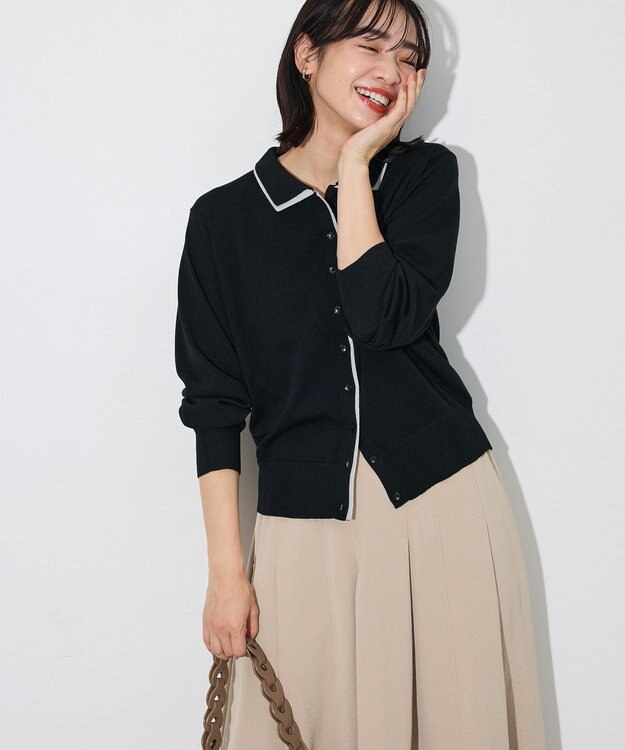 Green Parks ここちニット衿付き配色プルオーバー Black