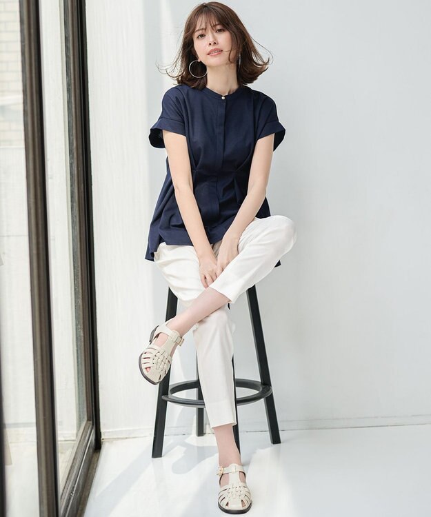 23区 【洗える】リネンレーヨンストレッチ テーパード パンツ ホワイト系