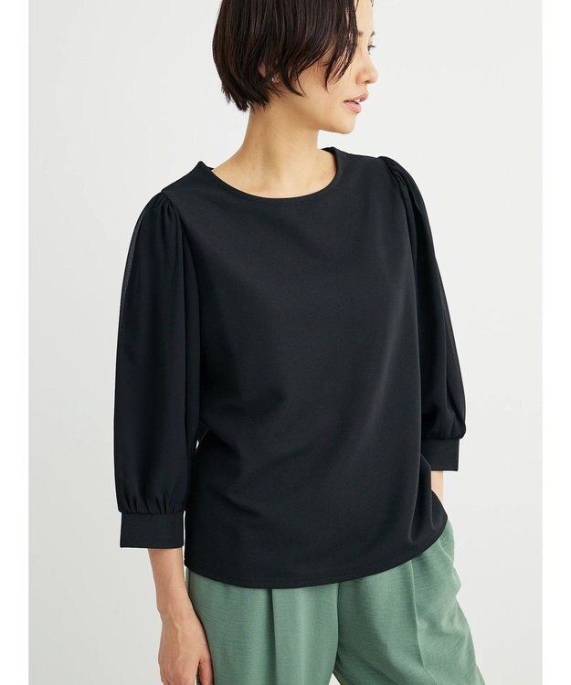 Green Parks 袖異素材使いリップルプルオーバー Black