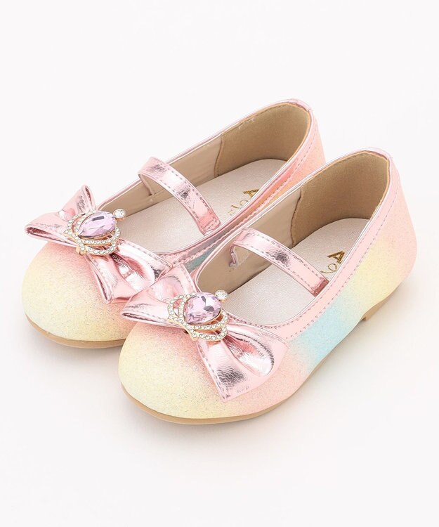 ANY KIDS キラキラリボンパンプス ピンク×レインボー
