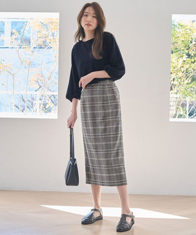 ANY 【ウエストゴム/ストレッチ】チェックタイトスカート ブラウン系
