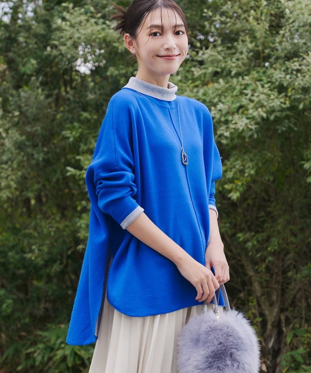 Tiaclasse 【洗える】リバーシブルWフェイスポンチョ風ニット ブルー