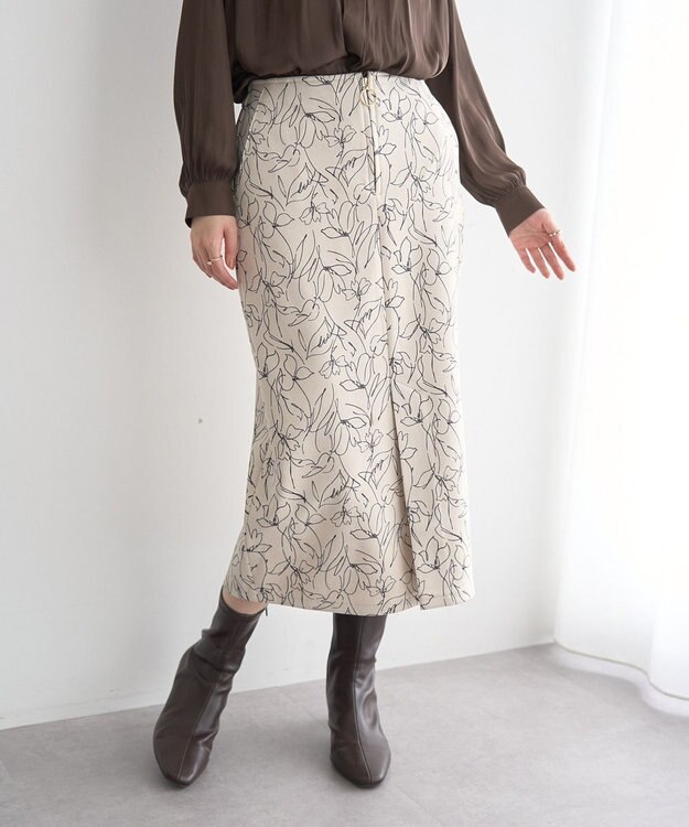 YECCA VECCA ラインフラワー柄フェイクスエードスカート Ivory