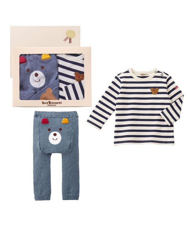 MIKI HOUSE HOT BISCUITS ボーダー柄長袖Tシャツ＆ベビースパッツギフトセット【BOX付き】 紺