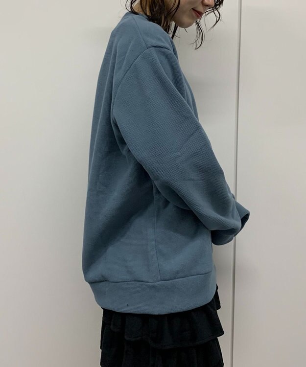 WEGO 【ユニセックス着用ITEM】ワッフルフリースOP刺繍クルートレーナー サックス