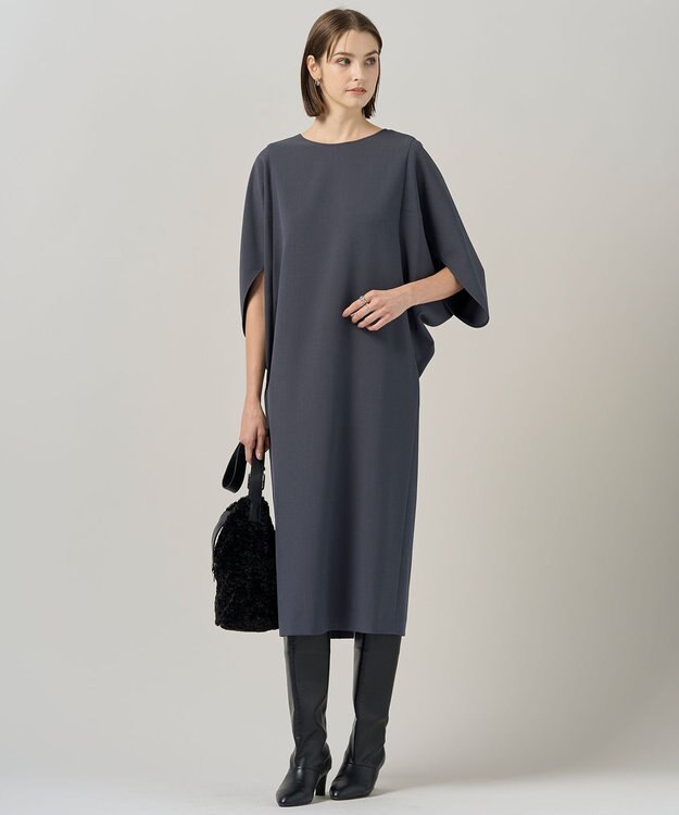 ICB 【洗える】 ウールライクストレッチ ドルマンスリーブワンピース ブルーグレー系