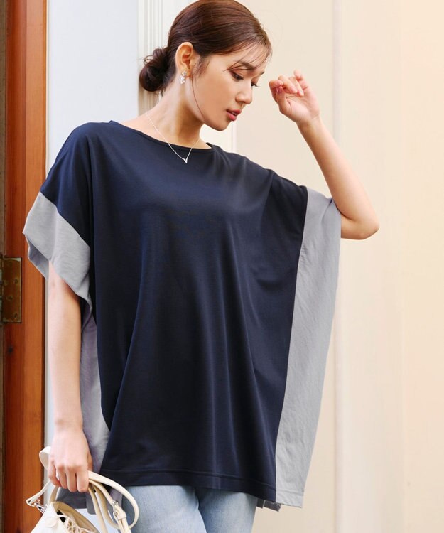 Tiaclasse 【洗える】配色カットソードルマントップス ネイビー