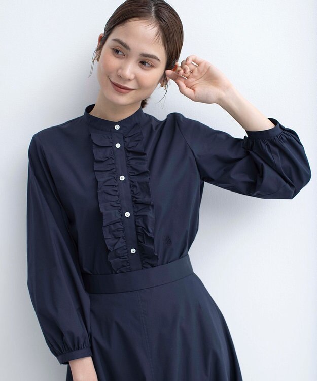 組曲 コンパクトシャーティング フリルブラウス ネイビー系