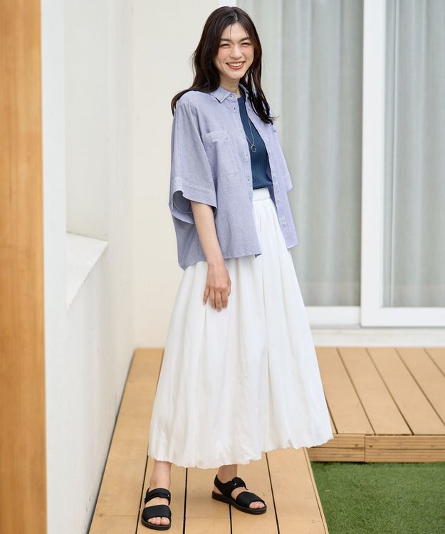 ANY 【手洗い可】コットンリネンブラウス オフ×ブルー