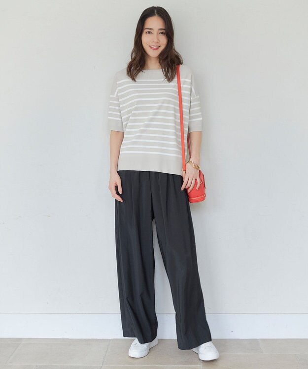 自由区 L 【接触冷感・UVカット・WEB限定カラーあり】クレープストレッチプルオーバー ニット ベージュ×オフボーダー