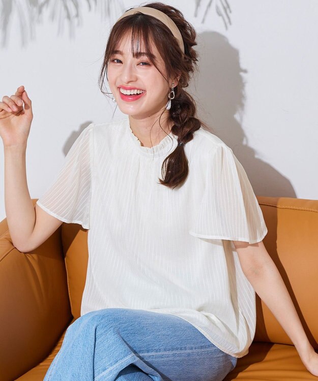 Tiaclasse 【洗える】大人上品なシフォンジャガードフリルカラーブラウス オフホワイト